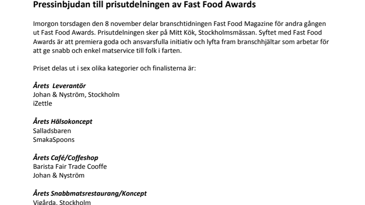 Pressinbjudan till prisutdelningen av Fast Food Awards