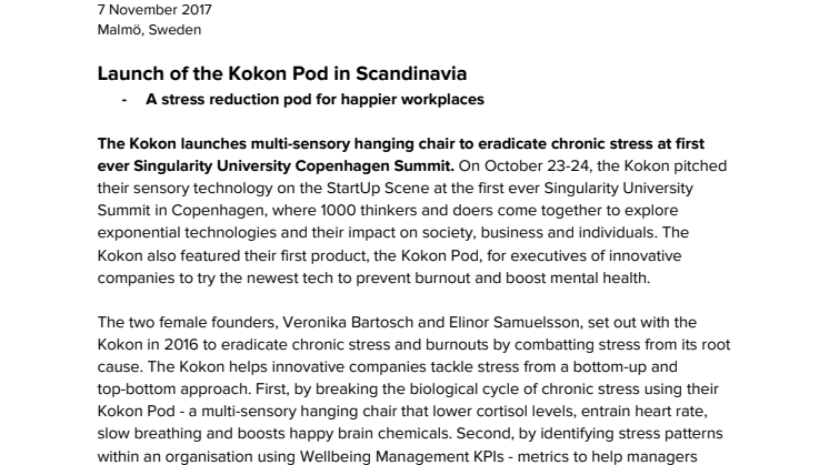 Launch of the Kokon Pod in Scandinavia - a stress reduction pod for happier workplaces