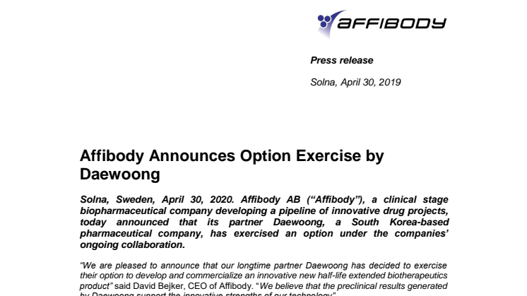 Affibody Announces Option Exercise by Daewoong