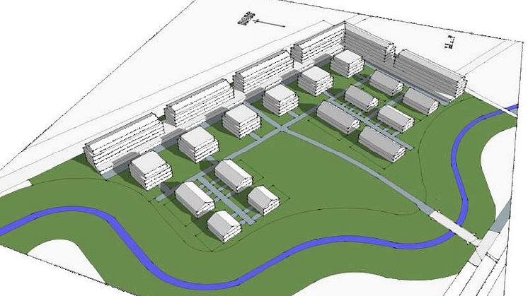 Illustration, möjligt utförande, sett från sydväst. Planen avgränsas av Västerslätts industriområde i norr och öster, i söder och väster av Tvärån.