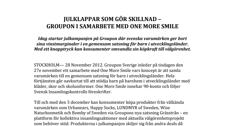 Julklappar som gör skillnad - Groupon i samarbete med One More Smile