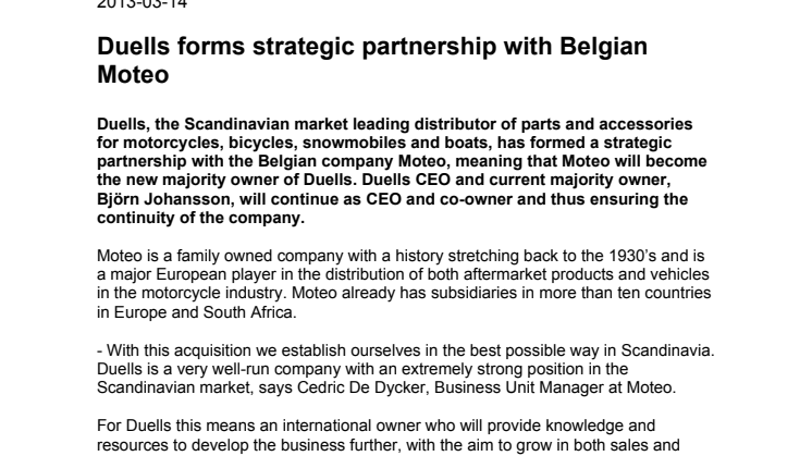 Duells ingår strategiskt partnerskap med belgiska Moteo