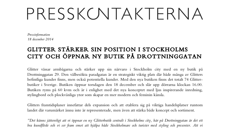 Glitter öppnar ny butik på Drottninggatan i Stockholm