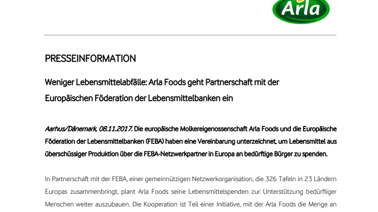 Weniger Lebensmittelabfälle: Arla Foods geht Partnerschaft mit der Europäischen Föderation der Lebensmittelbanken ein 