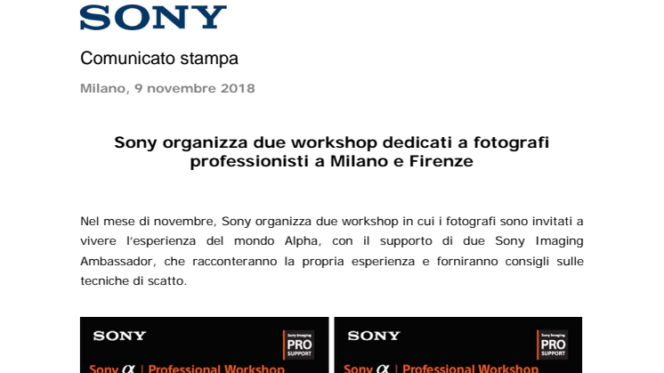 Sony organizza due workshop dedicati a fotografi professionisti a Milano e Firenze