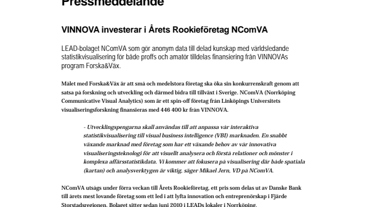 VINNOVA investerar i Årets Rookieföretag NComVA 