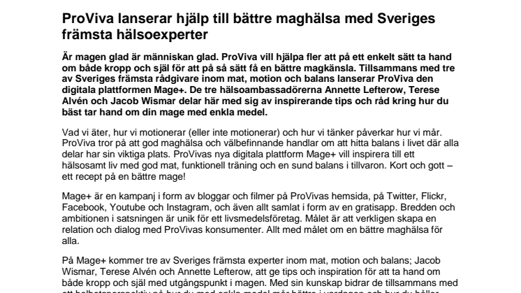 ProViva lanserar hjälp till bättre maghälsa med Sveriges främsta hälsoexperter