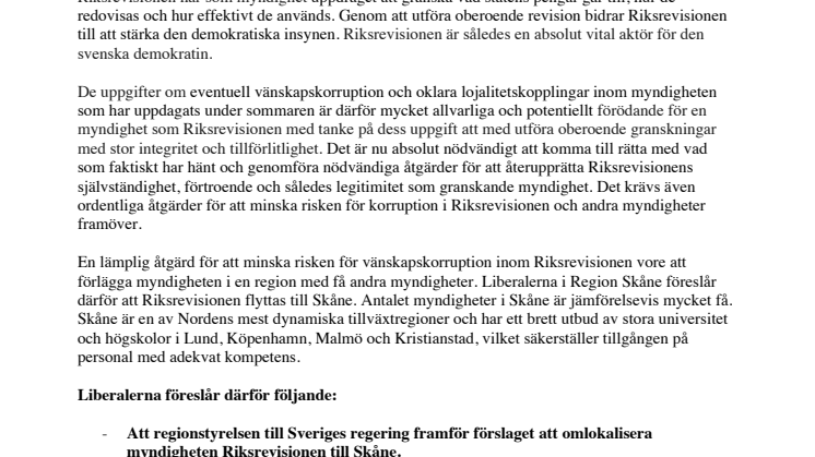 L: Flytta Riksrevisionen till Skåne