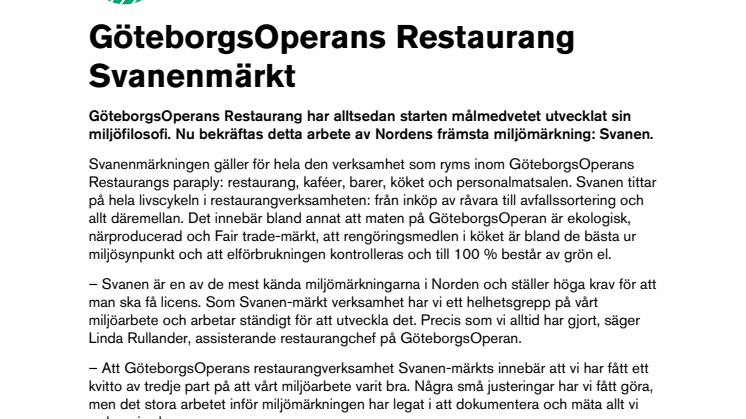 GöteborgsOperans Restaurang Svanenmärkt