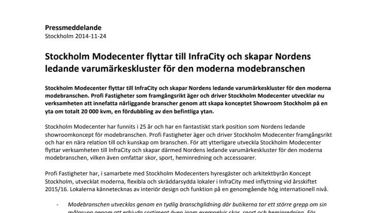Stockholm Modecenter flyttar till InfraCity och skapar Nordens ledande varumärkeskluster för den moderna modebranschen