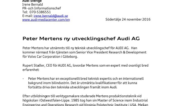 Peter Mertens ny Utvecklingschef AUDI AG