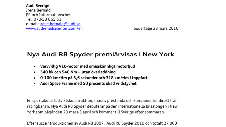 Nya Audi R8 Spyder premiärvisas i New York