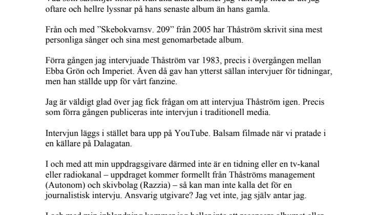 Thåström gjør sitt første intervju på 12 år