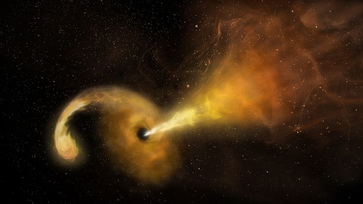 En konstnärs tolkning av Tidal Eruption Event som inträffar när ett svart hål sliter sönder en stjärna och sprutar ut en del av materian i en jättelik jetstråle. Foto: Sophia Dagnello, NRAO/AUI/NSF; NASA, STScI