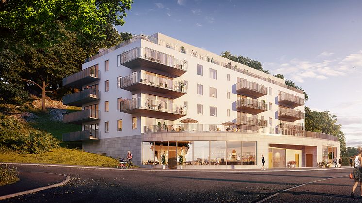 Visionsbild över flerbostadshus med verksamheter i bottenplan på Långedragsvägen / Göta Älvsgatan i stadsdelen Älvsborg. Bild: Inobi AB.