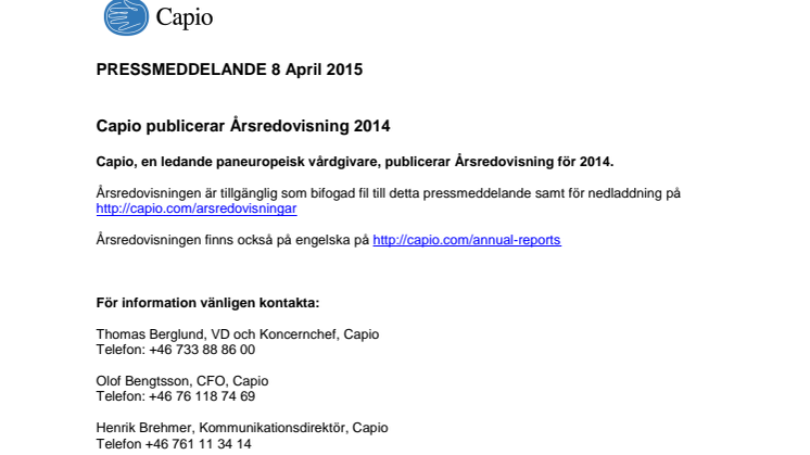 Capio publicerar Årsredovisning 2014