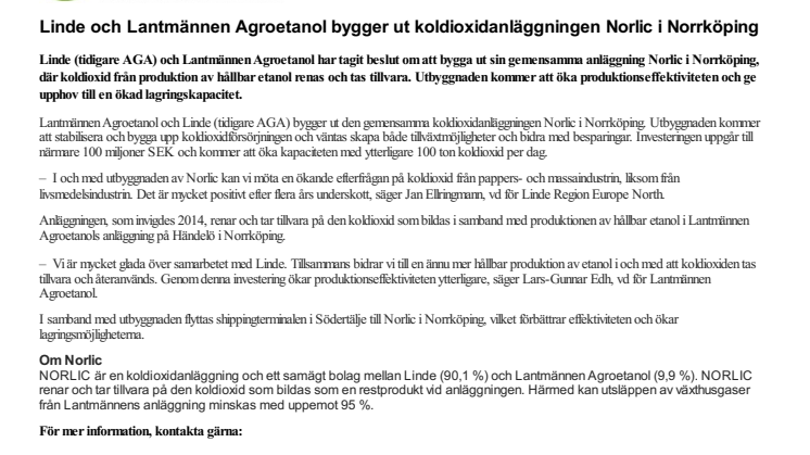Linde och Lantmännen Agroetanol bygger ut koldioxidanläggningen Norlic i Norrköping