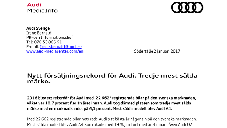 Nytt försäljningsrekord för Audi. Tredje mest sålda märke.
