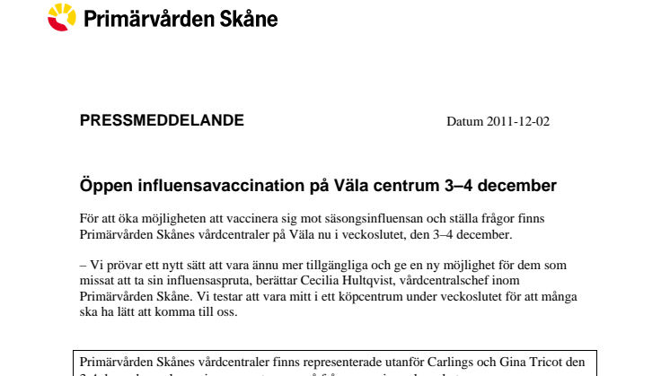 Öppen influensavaccination på Väla centrum 3–4 december