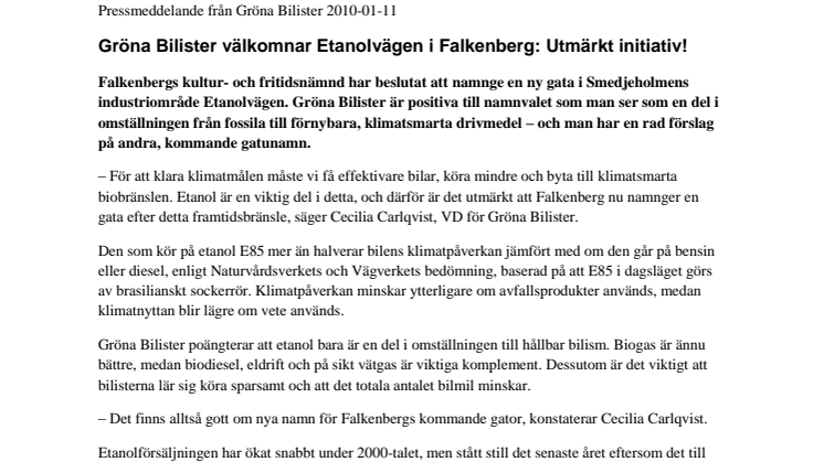 Gröna Bilister välkomnar Etanolvägen i Falkenberg: Utmärkt initiativ!
