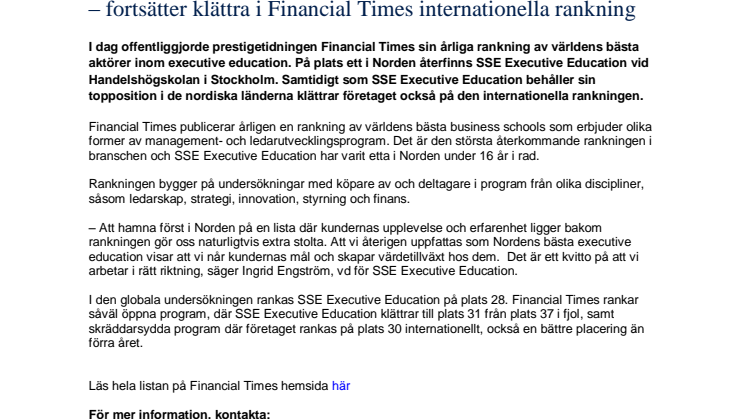 SSE Executive Education bäst i Norden – fortsätter klättra i Financial Times internationella rankning