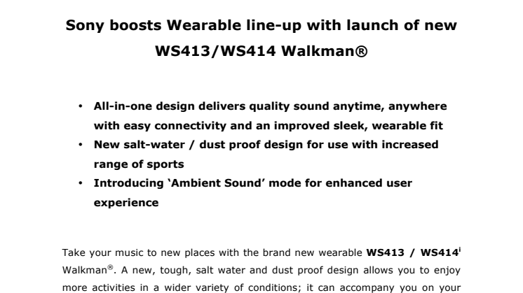Sony utökar utbudet av ”wearables” med nya Walkman® WS413/WS414