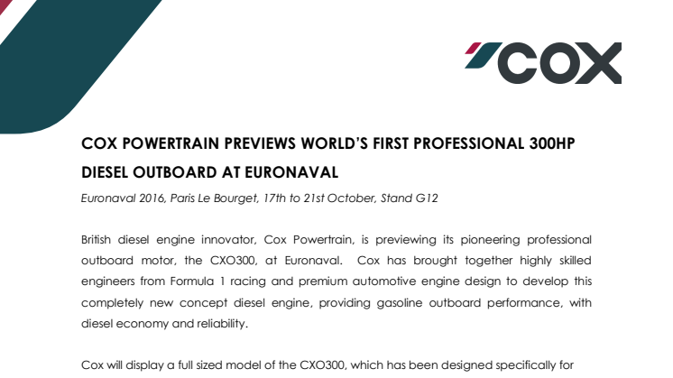 Cox Powertrain: Cox Powertrain Previews World's First Professional 300hp Diesel Outboard at Euronaval