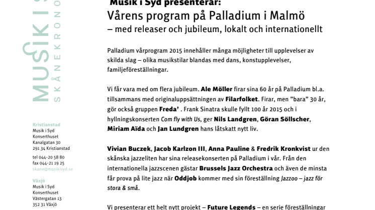 Musik i Syd presenterar: Vårens program på Palladium i Malmö – med releaser och jubileum, lokalt och internationellt 