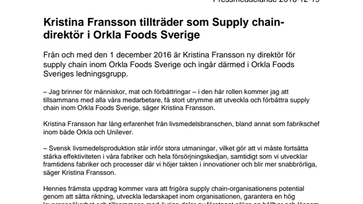Kristina Fransson tillträder som Supply chain-direktör i Orkla Foods Sverige