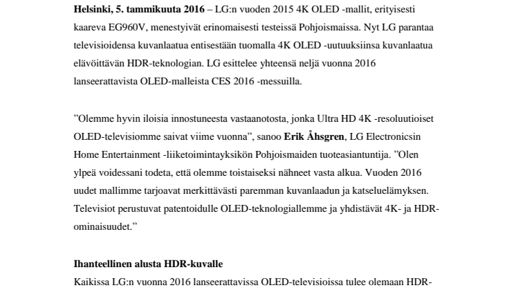 LG:N UUDET 4K OLED -TELEVISIOT ON VARUSTETTU HDR-TEKNOLOGIALLA