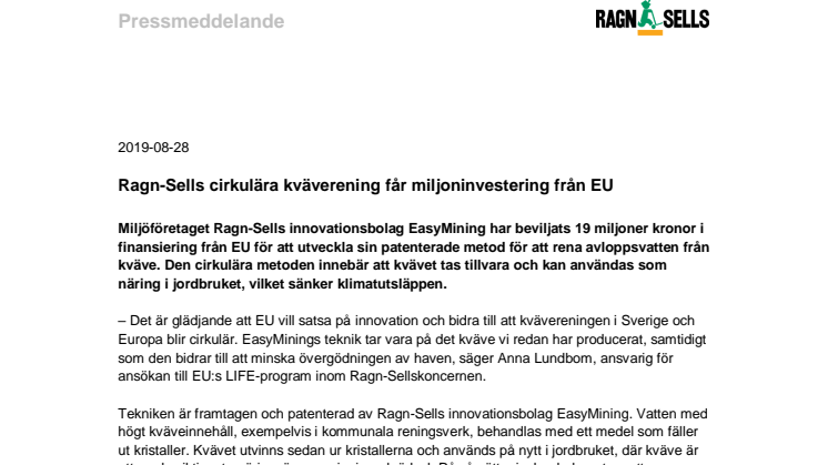 Ragn-Sells cirkulära kväverening får miljoninvestering från EU