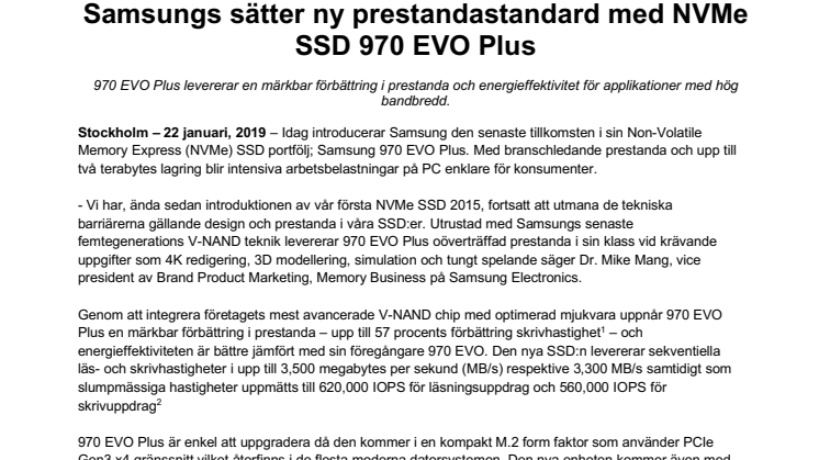 Samsungs sätter ny prestandastandard med NVMe SSD 970 EVO Plus