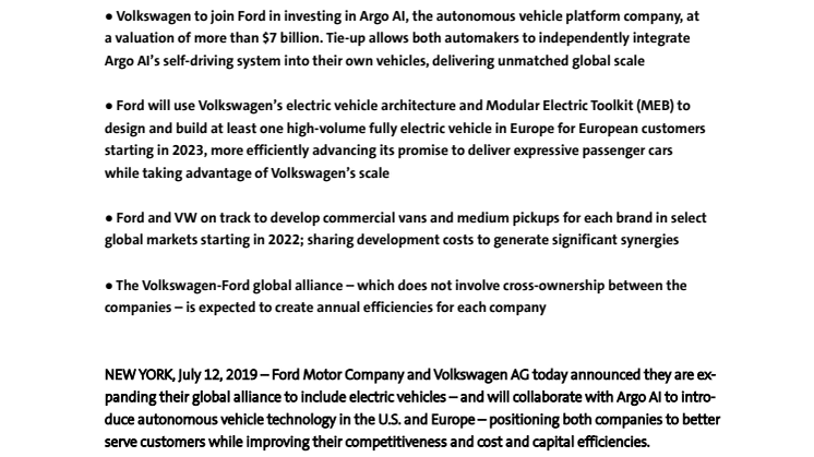 Volkswagen og Ford udvider deres globale samarbejde til at omfatte elektrificering og teknologier indenfor autonom kørsel