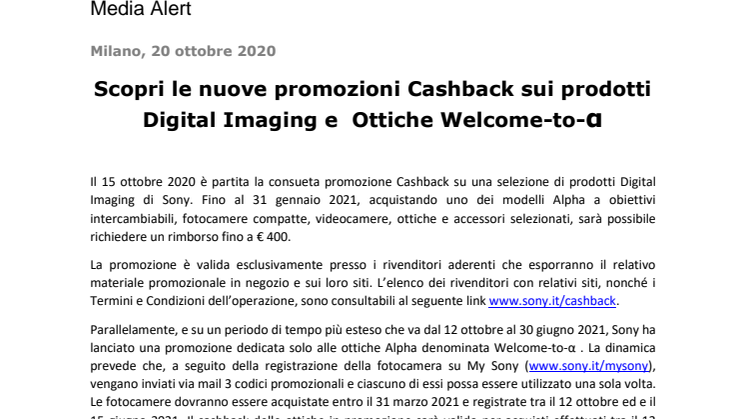 Scopri le nuove promozioni Cashback sui prodotti Digital Imaging e  Ottiche Welcome-to-α