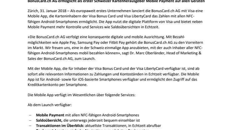 BonusCard.ch AG ermöglicht als erster Schweizer Kartenherausgeber Mobile Payment auf allen Geräten 
