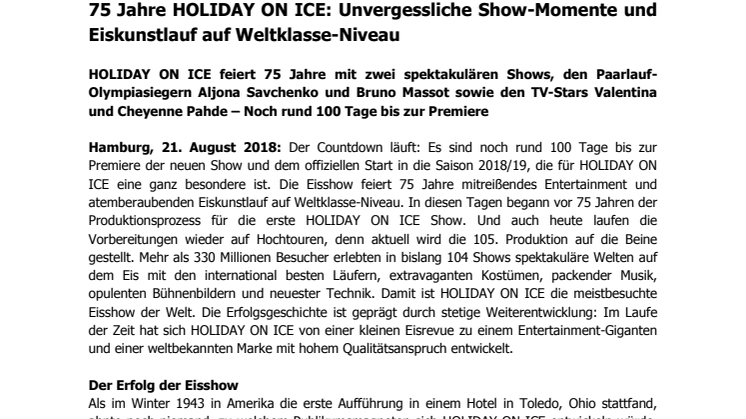 HOLIDAY ON ICE feiert 75 Jahre - Noch rund 100 Tage bis zur Premiere