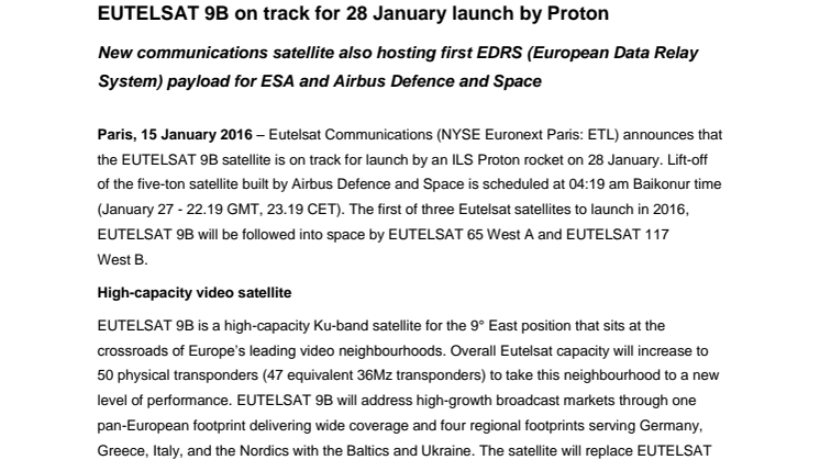 EUTELSAT 9B on track for 28 January launch by Proton