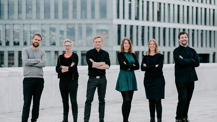 Styret i Norsk Komponistforening: styremedlem Ørjan Matre, styremedlem Bente Leiknes Thorsen, styreleder Jørgen Karlstrøm, nestleder Stine Sørlie, daglig leder Ida Habbestad og styremedlem Jan Erik Mikalsen.   Foto: Renate Madsen, 2019. 