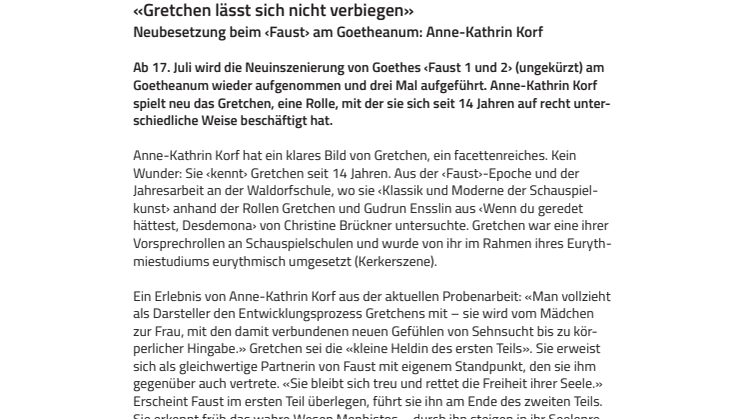 «Gretchen lässt sich nicht verbiegen». Neubesetzung beim ‹Faust› am Goetheanum: Anne-Kathrin Korf