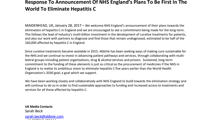 Response To Announcement Of NHS England’s Plans To Be First In The World To Eliminate Hepatitis C