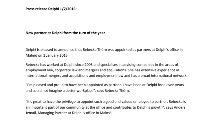 New partner at Delphi from 1 January 2015