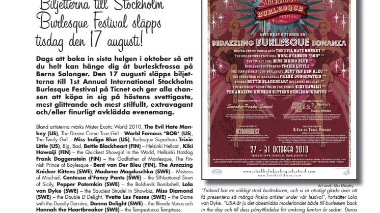Biljetterna till Stockholm Burlesque Festival släpps tisdagen den 17 augusti!