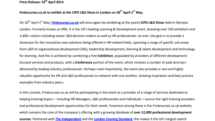 Findcourses.co.uk to exhibit at CIPD L&D Show in London