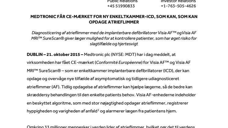MEDTRONIC FÅR CE-MÆRKET FOR NY ENKELTKAMMER-ICD, SOM KAN, SOM KAN OPDAGE ATRIEFLIMMER