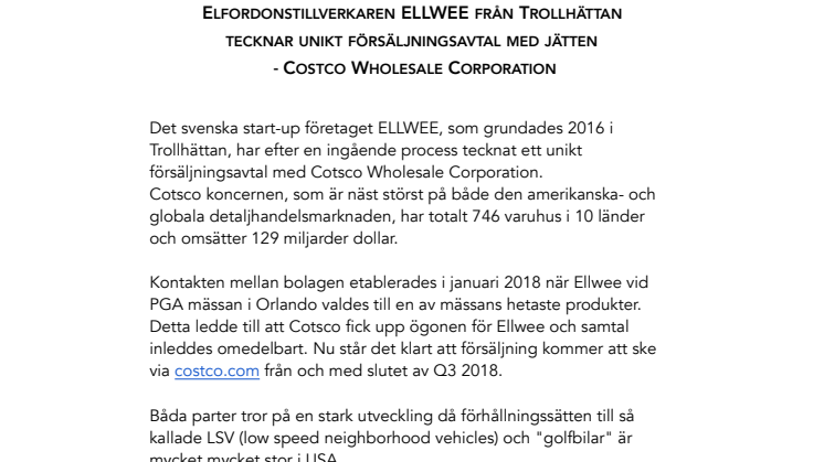 Elfordonstillverkaren ELLWEE från Trollhättan tecknar unikt försäljningsavtal med jätten - Costco Wholesale Corporation