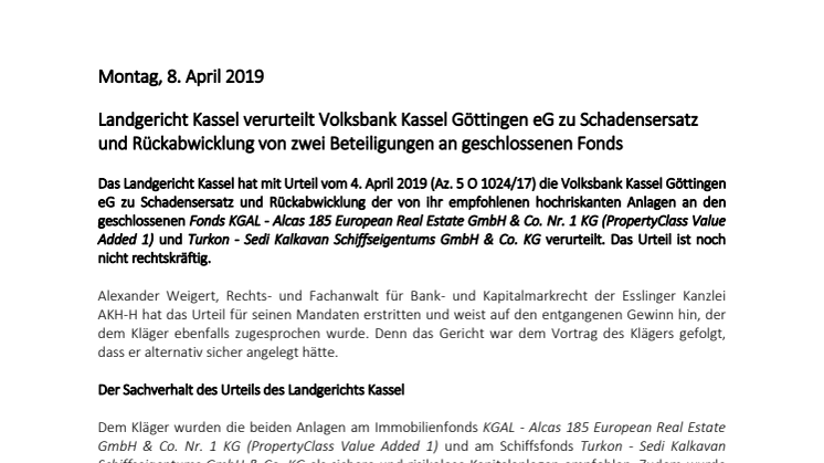 Landgericht Kassel verurteilt Volksbank Kassel Göttingen eG zu Schadensersatz und Rückabwicklung von zwei Beteiligungen an geschlossenen Fonds
