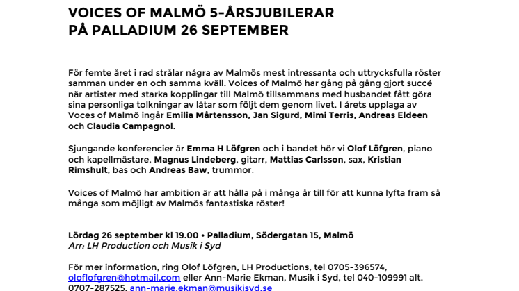 Voices of Malmö 5-årsjubilerar på Palladium 26 september kl 19