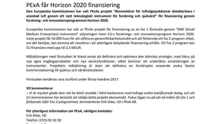 PExA ehåller Horizon 2020 finansiering