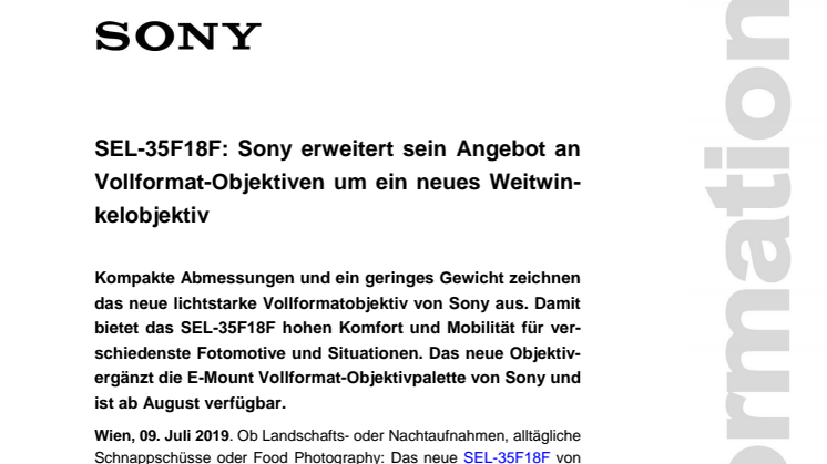 SEL-35F18F: Sony erweitert sein Angebot an Vollformat-Objektiven um ein neues Weitwinkelobjektiv