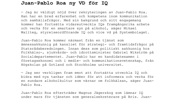 Juan-Pablo Roa ny VD för IQ